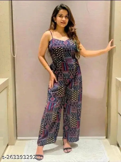 Navy Blue Beauty Printed Shoulder Strap Jumpsuit with Wide-Leg and Back Elastic