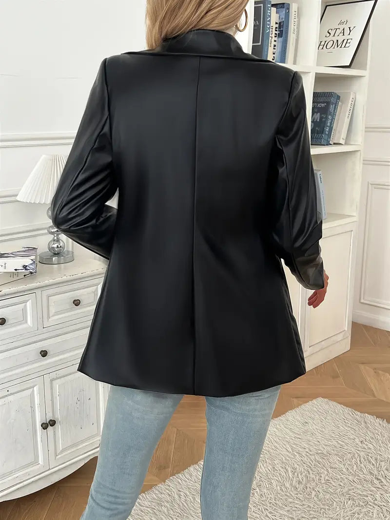VELOMI Trendy Solid Single-Breasted Leather Blazer for Women – Effortless Style