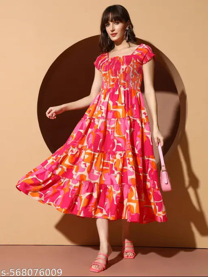 VELOMI Abstract Print Fit & Flare Dress – Effortless Chic with Smocked Bodice