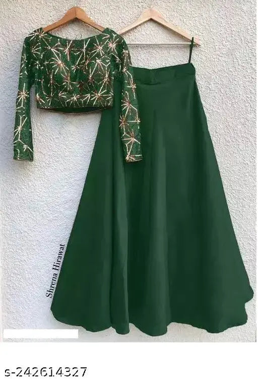 VELOMI Designer Green Taffeta Silk Anarkali Lehenga – Semi-Stitched Elegance