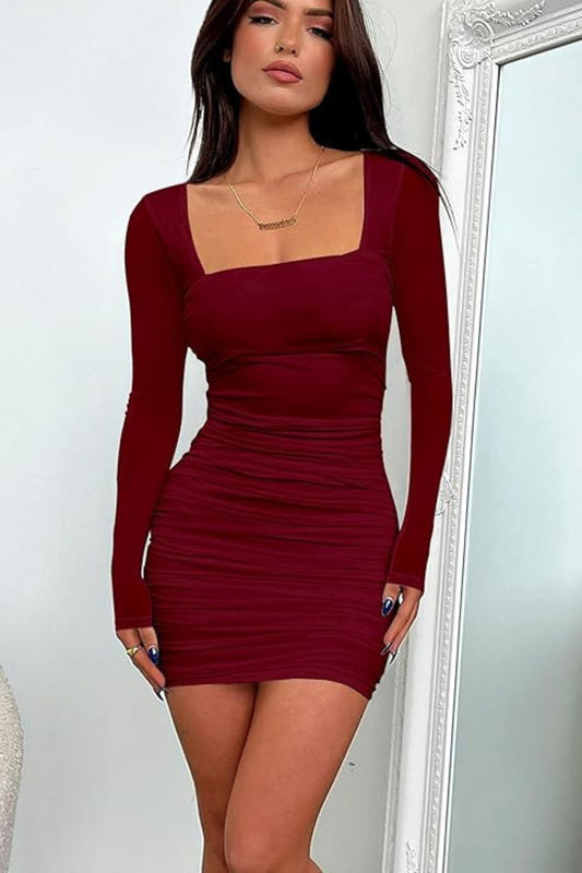 VELOMI – Trim Long Sleeves Bodycon Ribbed Mini Maroon Dress