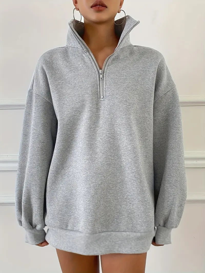 Women’s Cozy Half-Zip Sweatshirt – Casual Gray Pullover with Pockets & Ribbed Cuffs