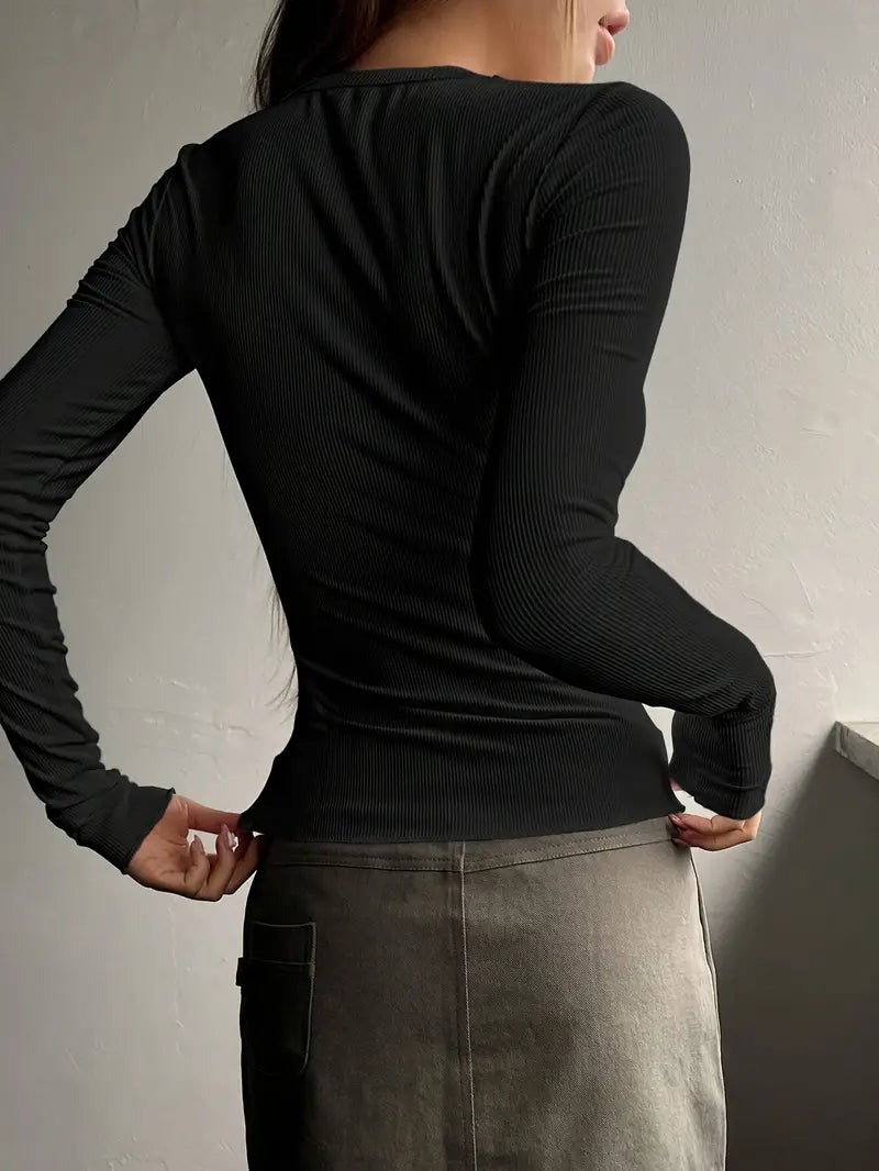 VELOMI Women’s Elegant Ribbed Slim-Fit Half-Button T-Shirt – Black Short Sleeve Round Neck Top