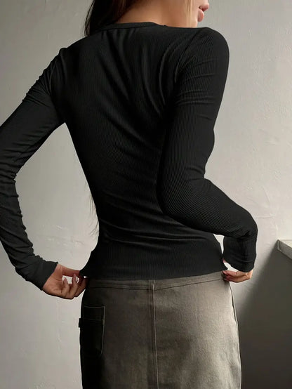 VELOMI Women’s Elegant Ribbed Slim-Fit Half-Button T-Shirt – Black Short Sleeve Round Neck Top