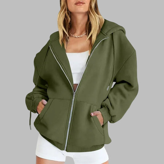 Women’s Oversized Zip-Up Hoodie – Y2K Inspired Casual Sweatshirt with Drawstring & Pockets
