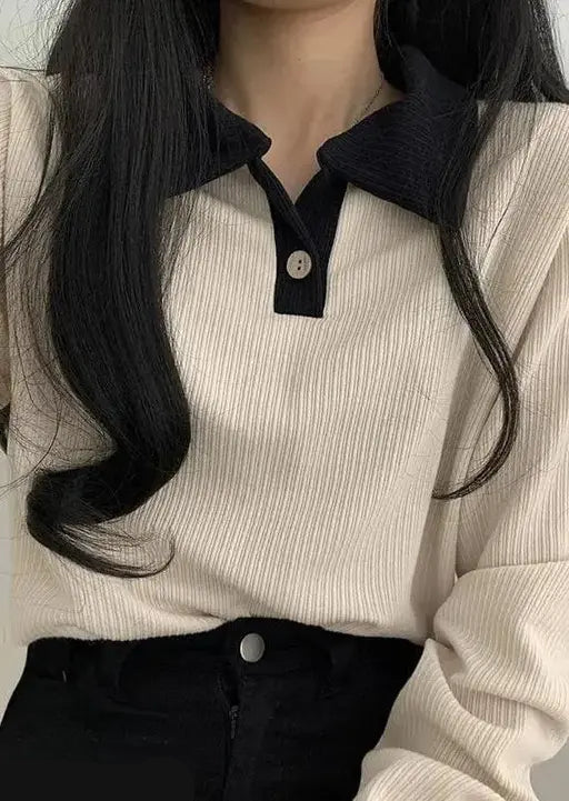 VELOMI Women’s Korean Style Polo T-Shirt – Long Sleeve Casual Summer Top with Stylish Design