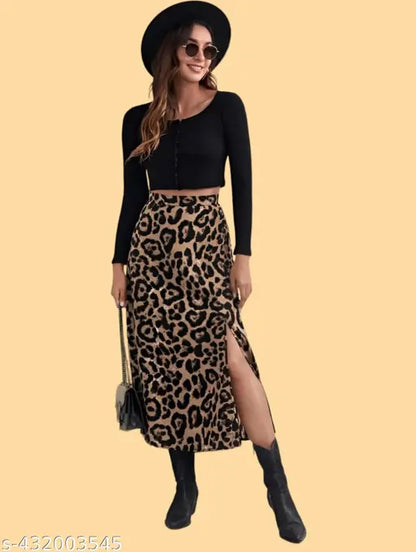 Casual Polyester Blend High Waist Elastic Single Side Slit Leopard Print & Stylish Skirt (31" Inches)