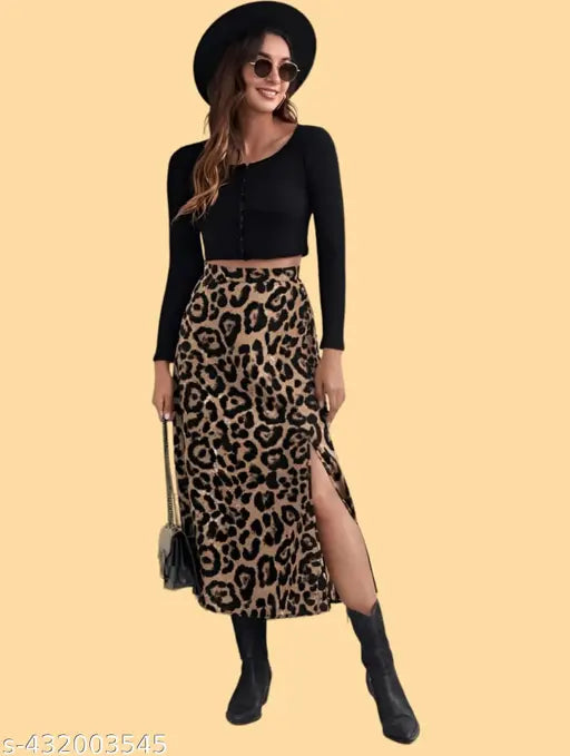 Casual Polyester Blend High Waist Elastic Single Side Slit Leopard Print & Stylish Skirt (31" Inches)