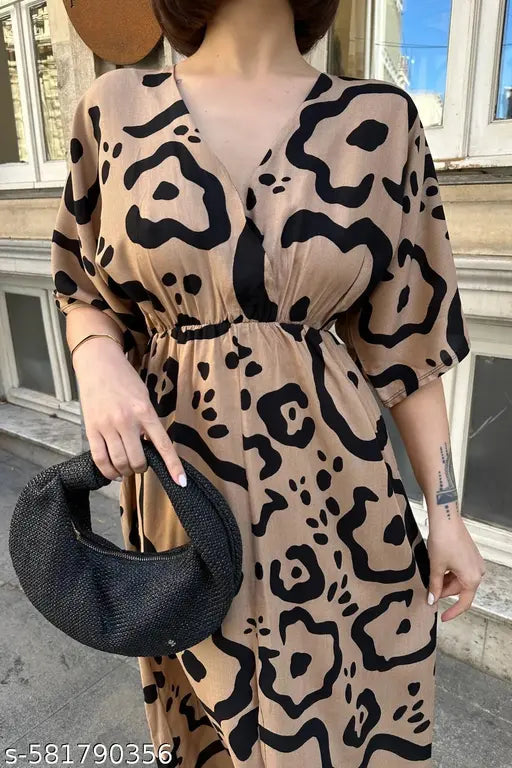 VELOMI Women’s Brown Maxi Dress – Elegant Below Knee-Length Casual & Party Wear