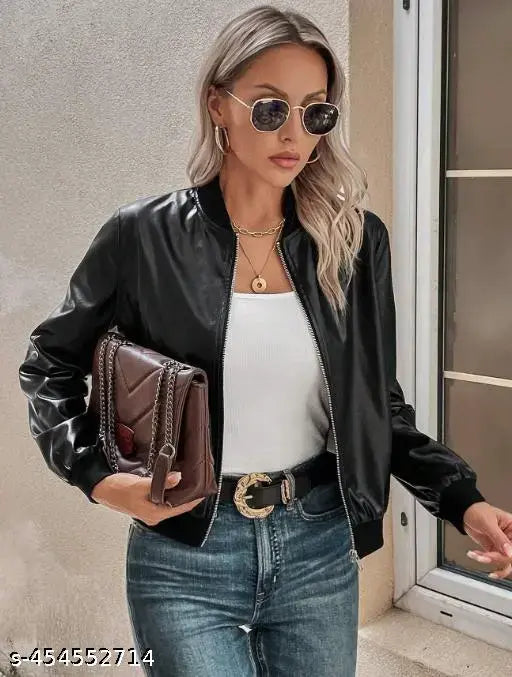 VELOMI Women’s Black Crop Faux Leather Jacket – Stylish Bomber Winter Wear