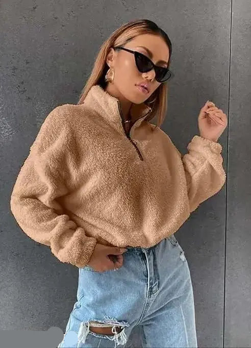 VELOMI Woolen Teddy Sweatshirt – Cozy Half Zip Placket Pullover for Autumn & Winter