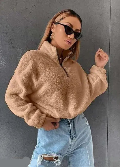 VELOMI Woolen Teddy Sweatshirt – Cozy Half Zip Placket Pullover for Autumn & Winter