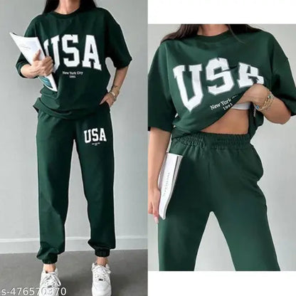 Round Neck Half Sleeve Pretty Glamorous Women Top & Bottom Sets ( Green)