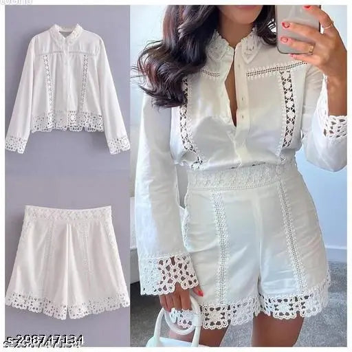 Vintage-Inspired Women's Cotton Lace Set - White