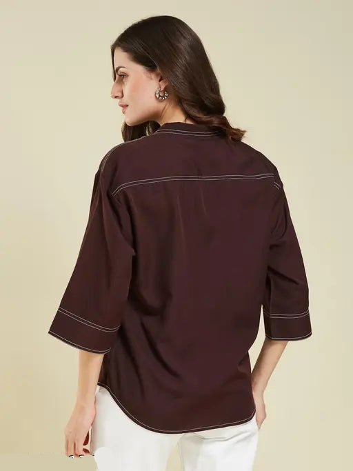 Women’s Brown Coffee Crepe Oversized Shirt – Solid Casual Blouse with Contrast Stitching