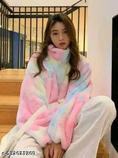 Women rainbow full sleeve fur jacket