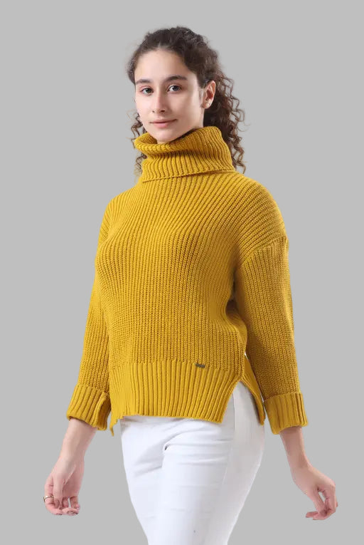 Chunky Ribbed Mustard Turtleneck in Pure Merino Wool – Vintage Sweater for Women