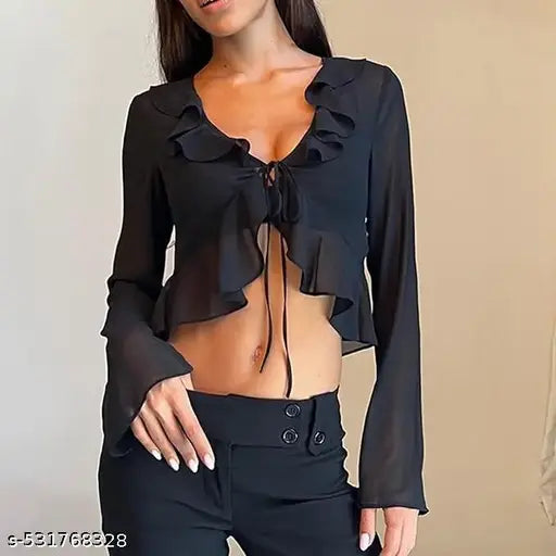 Vibrant Black Ruffled Blouse Top with Flared Sleeves