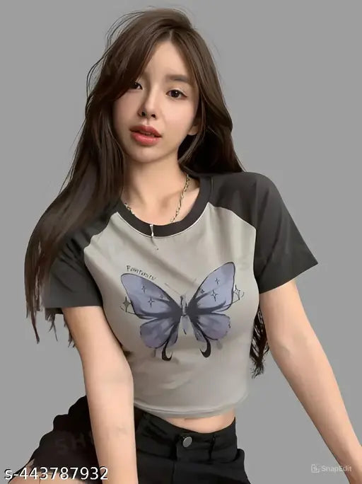 Women Casual Trendy Round Neck cotton printed crop top