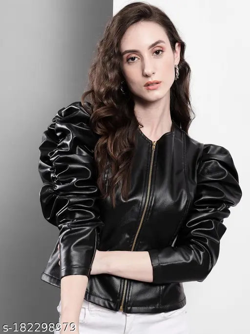 VELOMI Women’s Stylish PU Leather Jacket – Bold Puff Shoulder Trend