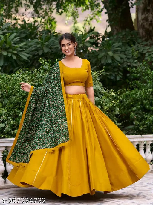 VELOMI Women’s Festive Lehenga Choli – Yellow Cotton Rayon with Bandhani Dupatta