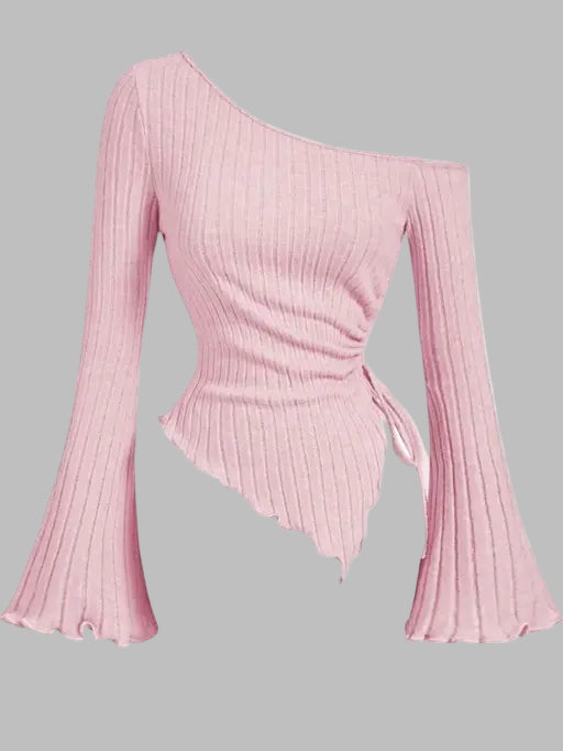 Women’s Apricot Drawstring Top – Bell Sleeve Lettuce Hem Top