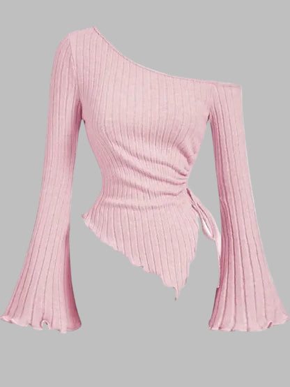 Women’s Apricot Drawstring Top – Bell Sleeve Lettuce Hem Top