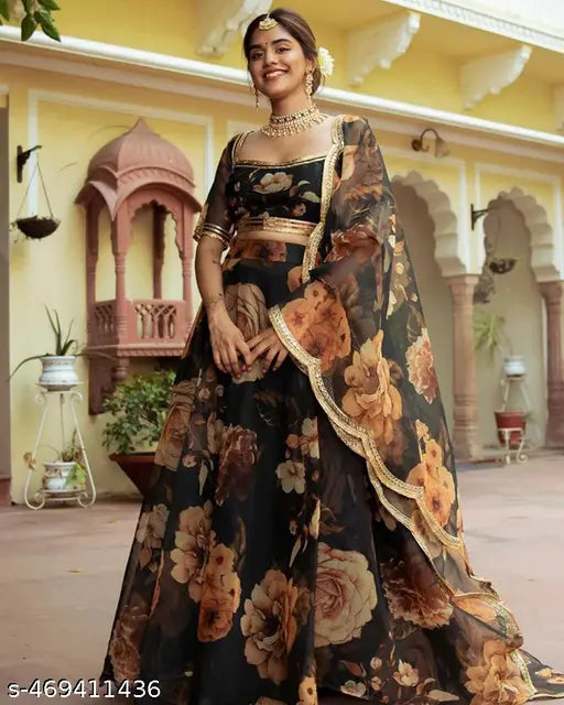 VELOMI Black & Rose Gold Floral Print Lehenga Choli – Elegant Party & Festive Wear