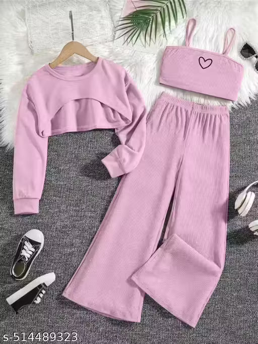 Girl's 3 Piece Heart Print Cami Top Long Sleeve Round Neck High Low Hem Top and Wide Leg Pants Sets |