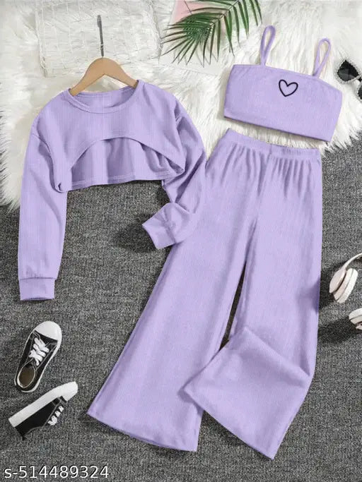 Girl's 3 Piece Heart Print Cami Top Long Sleeve Round Neck High Low Hem Top and Wide Leg Pants Sets |