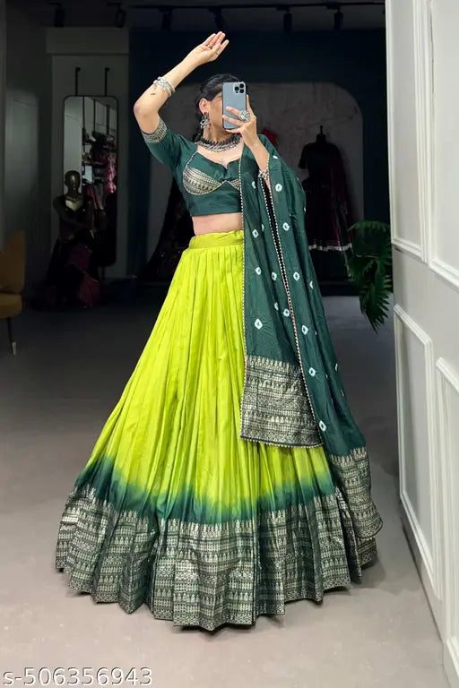 VELOMI Women’s Festive Dolla Silk Lehenga Set – Patola Print & Foil Work Elegance