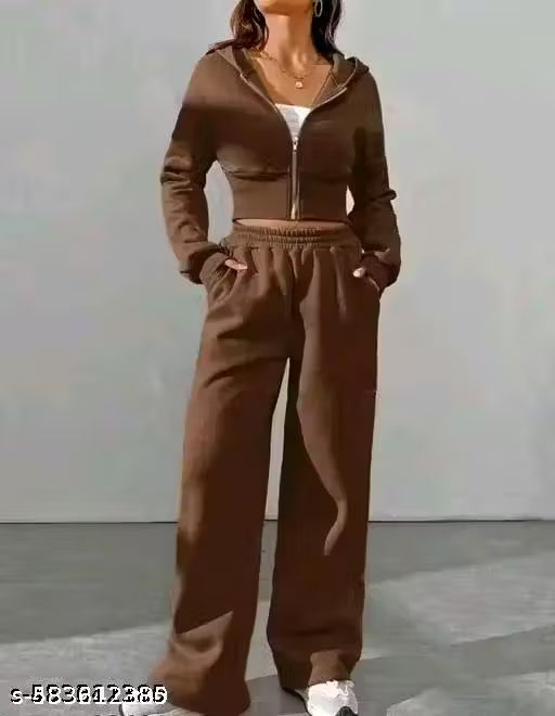 Trendy Black Co-ord Set for Women – Zip-Up Hoodie & Wide-Leg Joggers