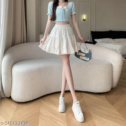 High Waist pleated skirt solid white skirt for Women & girls mini summer street casual skirt  white color skirt