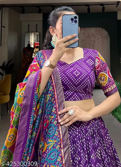 VELOMI Purple Tussar Silk Lehenga Choli – Bandhej & Patola Print with Foil Work