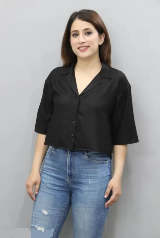 VELOMI Classic Black Crop Shirt – Half-Sleeve Women’s Casual Chic Top