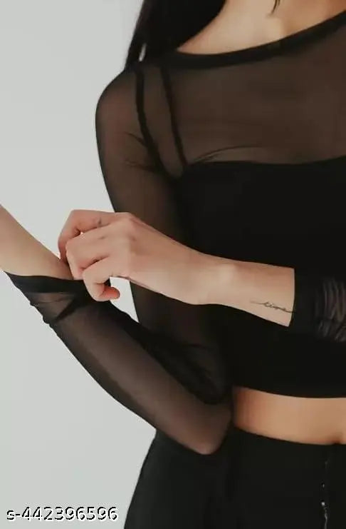 Mesh Crop Top Sexy Sheer T-Shirt for Women, Black