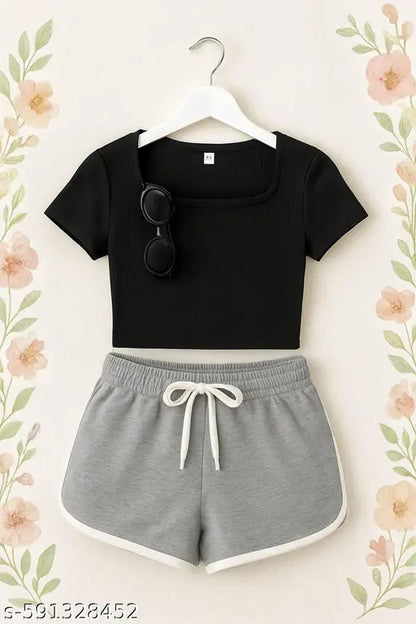 VELOMI Women’s & Girls’ Casual Combo – Grey Cotton Dolphin Shorts with Black Lycra Square Neck Top