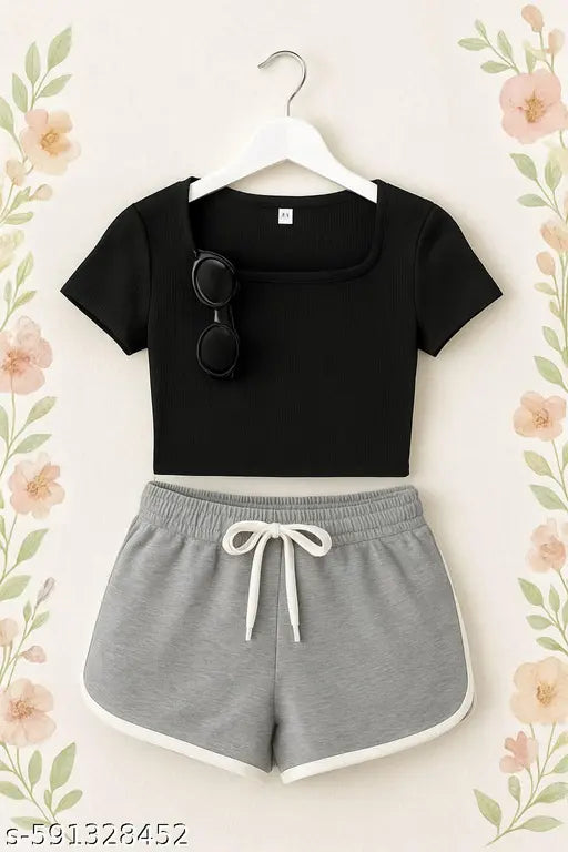 VELOMI Women’s & Girls’ Casual Combo – Grey Cotton Dolphin Shorts with Black Lycra Square Neck Top