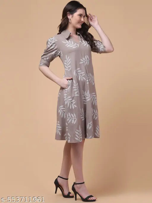 VELOMI Taupe & White Leaf Print Collared A-Line Dress – Elegant Everyday Chic