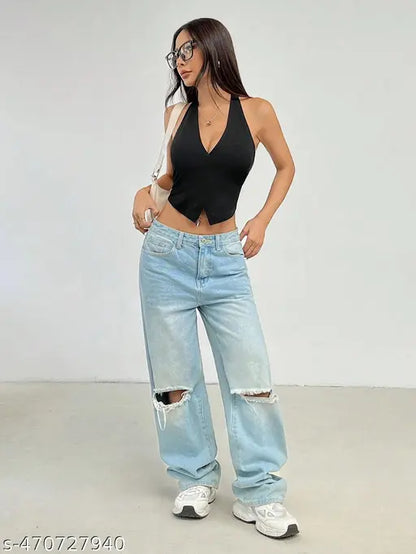 Solid Halter Neck Y2K Crop Top For Women