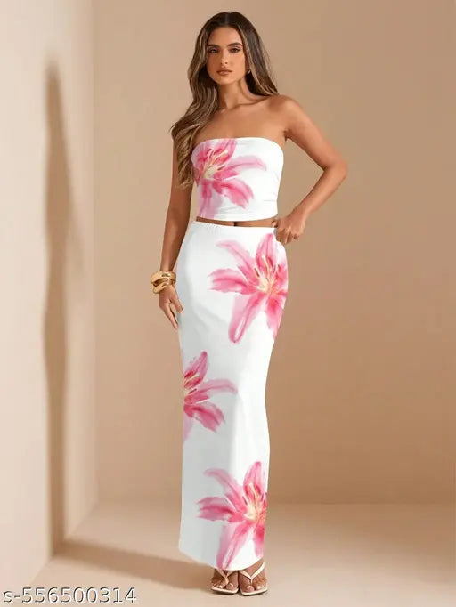 Trendy Floral Co-ord Set for Women | White Tube Crop Top & Skirt | Summer Western Wear Dress | Woman Trendy Dress | Trendy Woman Dress | Trendy Co-ord Set for women