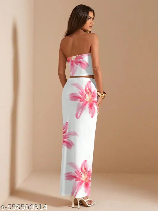 Trendy Floral Co-ord Set for Women | White Tube Crop Top & Skirt | Summer Western Wear Dress | Woman Trendy Dress | Trendy Woman Dress | Trendy Co-ord Set for women