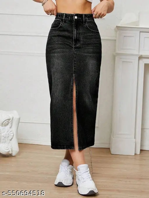 H&H Premium BLACK Whisker Midi DENIM Skirt