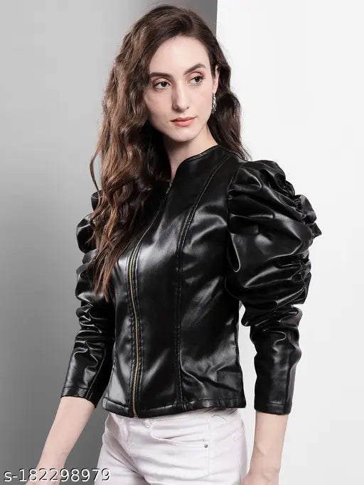 VELOMI Women’s Stylish PU Leather Jacket – Bold Puff Shoulder Trend