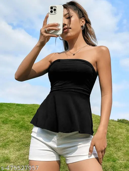 Solid Tube Flared Peplum Crop Top For Women Western Wear