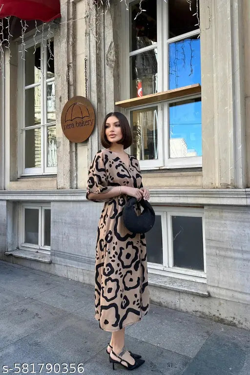 VELOMI Women’s Brown Maxi Dress – Elegant Below Knee-Length Casual & Party Wear