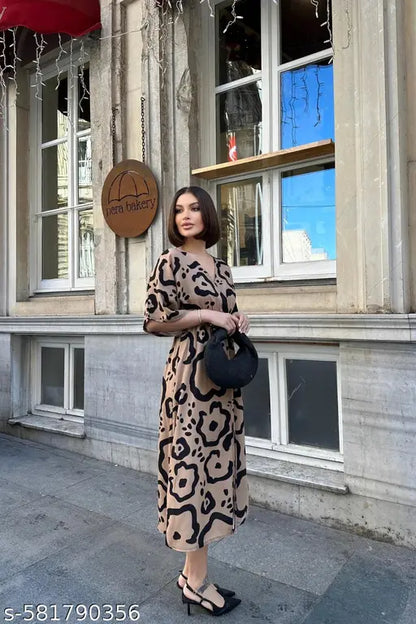 VELOMI Women’s Brown Maxi Dress – Elegant Below Knee-Length Casual & Party Wear