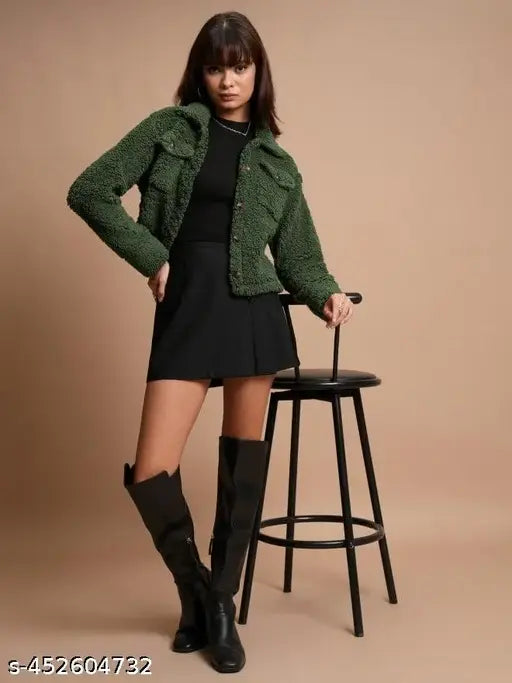 VELOMI Solid Olive Fur Jacket – Stylish Sherpa Winter Wear for Women