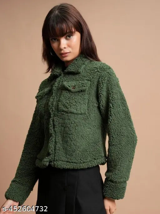 VELOMI Solid Olive Fur Jacket – Stylish Sherpa Winter Wear for Women