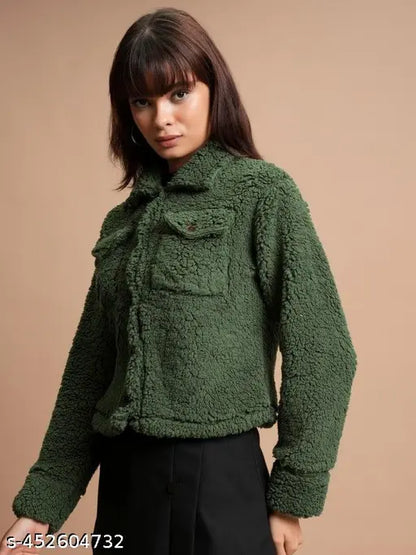 VELOMI Solid Olive Fur Jacket – Stylish Sherpa Winter Wear for Women